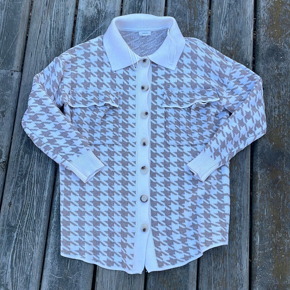 Debut Houndstooth Button Up Collared Cardigan